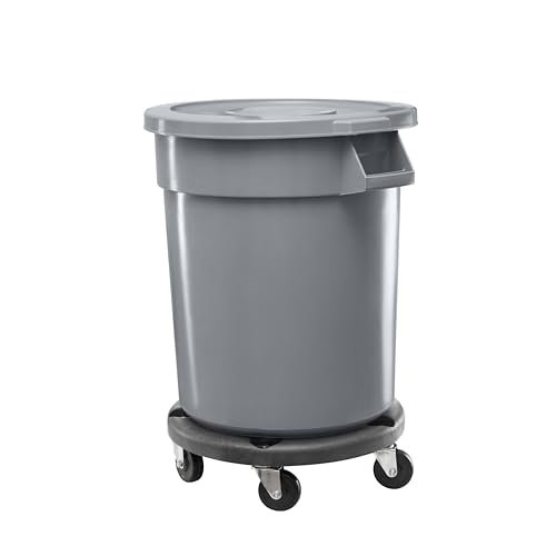 Feed and Seed Storage Container, 20 Gallon Gray Round Commercial Trash Can with Lid and Dolly, Food Storage Plastic Bin, Use in Agricultural, Gardening, or Household - color: Gray, size: 20 Gallon Container with Lid and Dolly