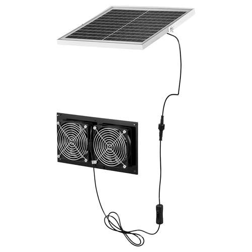 VEVOR Solar Powered Fan, 15W Solar Panel with 2 Fans, Adjustable Solar Panel Angle, 2668 RPM High-Speed, Flexible Installation, Fast Air Exchange for Greenhouse, Grow Tents, Chicken Coops, Shelters - size: 4.7" Fan×2 -15W
