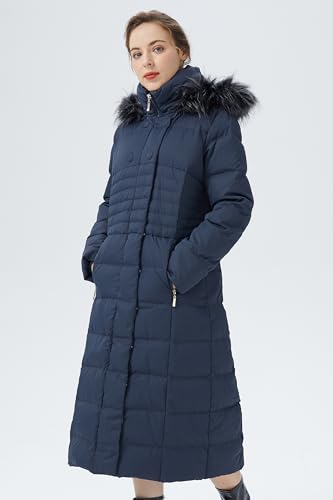 Orolay Women Warm Down Jacket with Hood Fur Long Puffer Coat Brown - color: Navy, size: X-Small