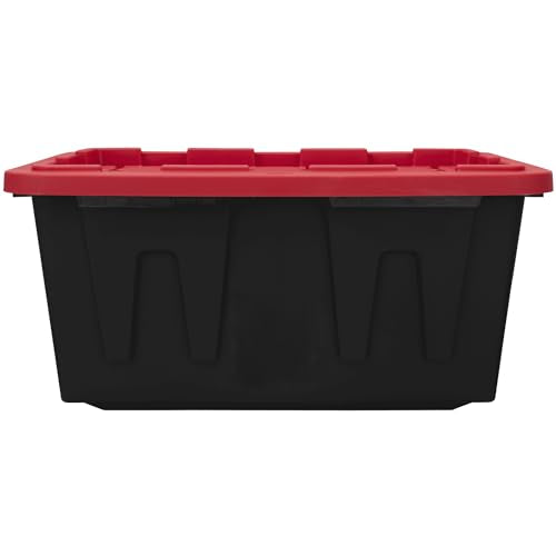 27 Gal Industrial Tote,Pack of 2 red Plastic storage bins with lids for Garage, Basement, or Outdoor,Heavy Duty storage Totes,Black with Red Lid,Stackable & Nestable,Black/Red