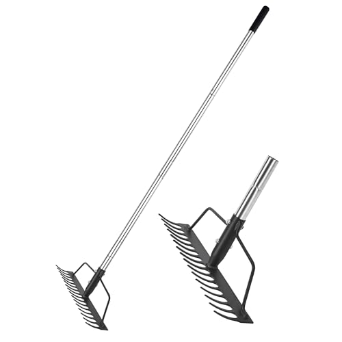 BARAYSTUS 16" Wide Bow Rake, Adjustable Garden Rake for Lawn & Yard | Lightweight metal rake with 16 steel tines , adjustable long handle for lawn care, soil loosening, thatch removal