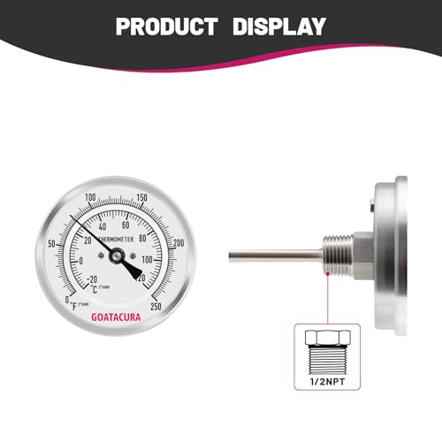 Bimetal Thermometer, Full Stainless Steel, 3" Dial Size, 2-1/2" Stem, 1/2" NPT Back Mount, 0-250 Deg F/-20-120 Deg C, 1% Accuracy - size: L=2.5"