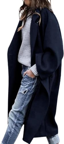 Women's Winter Wool Coat Notch Lapel Single Breasted Casual Mid Long Pea Trench Coat - color: Navy, size: Small