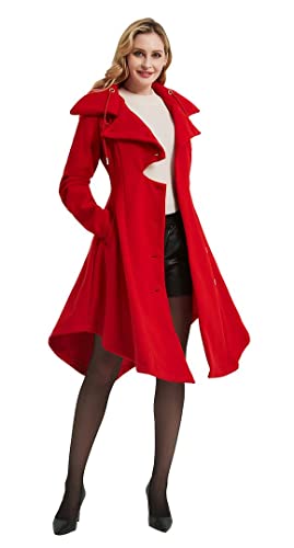 Long Trench Pea Coat for Women - Winter Trench Coat Goth Lapel Peacoat Outwear Thick Hood Pea Jacket Trenchcoat - color: A- Red, size: XX-Large