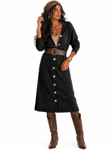 CiCiBird Womens Fall Long Cardigan Sweater Hooded Button Coat | Side Pockets, Loose Midi Length, Cozy Texture, Soft Lightweight Knit, Lounge To Outdoor Wear, Daily Layering, House Coat - color: Black, size: Small