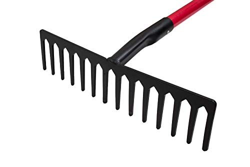 14-Tine Level Head Rake | 60" Fiberglass Long Handle 16" Wide Head Garden Rake Heavy Duty Metal Tool for Soil Leveling, Spreading Mulch Gravel and Thatch | 100% Made in USA | Heavy Duty Metal Garden Rake for Soil Leveling, Spreading Mulch, Gravel and That