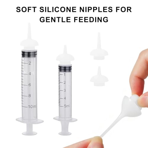 Pet Feeding Syringe with Silicone Nipples | Kitten Syringe for Feeding Newborn Kittens, Puppies, Rabbits and Small Animals (5ml+10ml +10 Silicone Nipples) - color: White