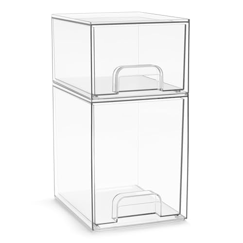 Sorbus Clear Stackable Storage Drawers (2 Pack, 7.6'' and 4.4'' Tall) | Acrylic containers with pull-out bins keep cosmetics, brushes and daily items sorted on bathroom counters or in cabinets. - size: 2 Pack, 7.6’’ and 4.4’’ Tall