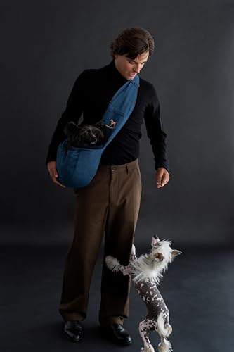 Noah & Paw Dog Sling Carrier for Small Dogs 5-18lb, Dog Sling for Small Dogs and Cats, Dog Carrier with Adjustable Padded Strap, Vegan Denim Lined with Fur, 3X Safety Features, Machine Washable - color: Light Blue, size: 18.0"L x 10.0"W x 5.5"H