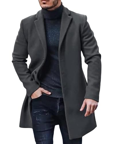 PASLTER Mens Trench Coat Slim Fit Mid Length Pea Coat Winter Overcoat | Notched Collar,Single Breasted,Warm Peacoat Jacket,Soft Mens Dress Coat,Fall Winter Mens Trench Coat Long - color: Dark Gray, size: Large