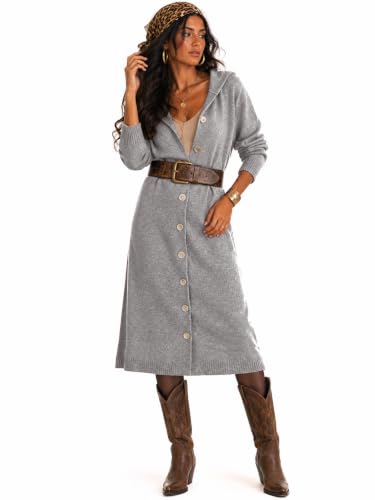 CiCiBird Womens Fall Long Cardigan Sweater Hooded Button Coat | Side Pockets, Loose Midi Length, Cozy Texture, Soft Lightweight Knit, Lounge To Outdoor Wear, Daily Layering, House Coat - color: Grey, size: X-Large
