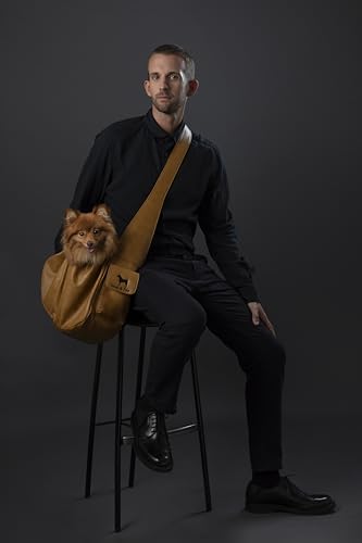 Noah & Paw Dog Sling Carrier for Small Dogs 5-18lb, Dog Sling for Small Dogs and Cats, Dog Carrier with Adjustable Padded Strap, Vegan Leather Lined with Fur, Double Safety Feature, Machine Washable - color: Camel