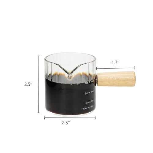 Espresso Cups Set of 2, 4 OZ Espresso Shot Glasses with Wood Handle, Clear | V-Shaped Spouts, Ribbed Milk Frothing Pitcher, Small Glass Measuring Cup, Demitasse Cups, Coffee Espresso Accessories - color: Clear
