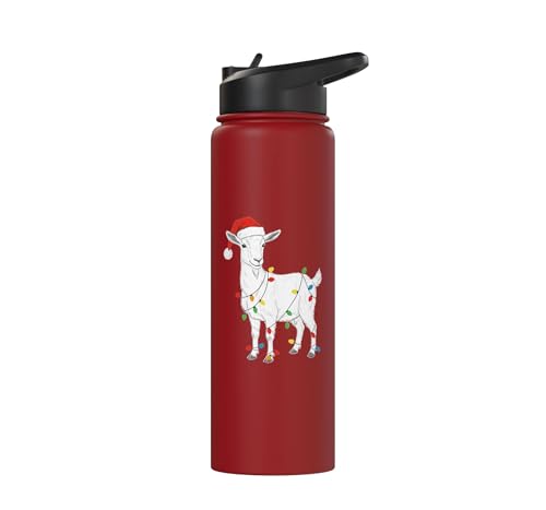 Cute Christmas Goat Kids Santa Hat Holiday Lights Farm Funny Stainless Steel Insulated Water Bottle - color: Red