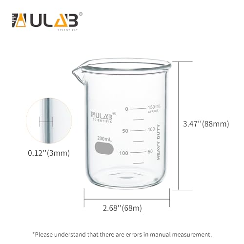 ULAB Scientific Glass Beakers, Vol. 200ml, 3.3 Borosilicate Griffin Low Form with Printed Graduation, Pack of 4, UBG1032 - style: 4pcs of Vol.200ml, Low form