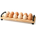 Wooden Egg Holder for Countertop, 12 Eggs Farmhouse Storage Tray | Natural solid pine wood, waterproof coating, rustic countertop egg storage display, black iron handles with ball feet