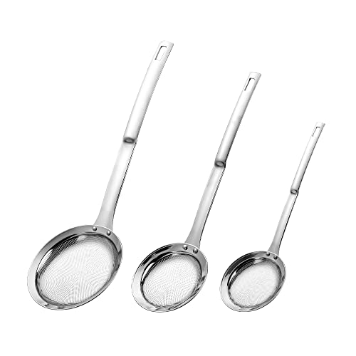 3Pack Sieve Fine Mesh Strainer Set Stainless Steel Metal Flat Cooking Skimmer Ladle Colander With Handle Food Strainer Kitchen Tools For Kitchen Baking Oil Filter Flour Sifter Foam,L M Small