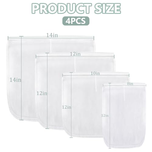 Ninsula 4PCS Nut Milk Bag, Food Grade Nylon Cheese Cloth Bag, Straining Reusable Fine Mesh Strainer for Tea, Yogurt, Juice, Cheese, Soup, Herbs, Vegetable Juice (8"x12"/14"x14"/10"x12"/12"x12")