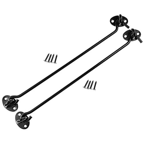 2 Pack 12" Long Hook and Eye Latch Black for Gate, Shed, Garage | 6mm Thick Stainless Steel, Rust-Resistant Black Coating, Stay Latched in Wind, Secure Privacy Latch, For Windows Barn Doors - size: ‎12-Inch