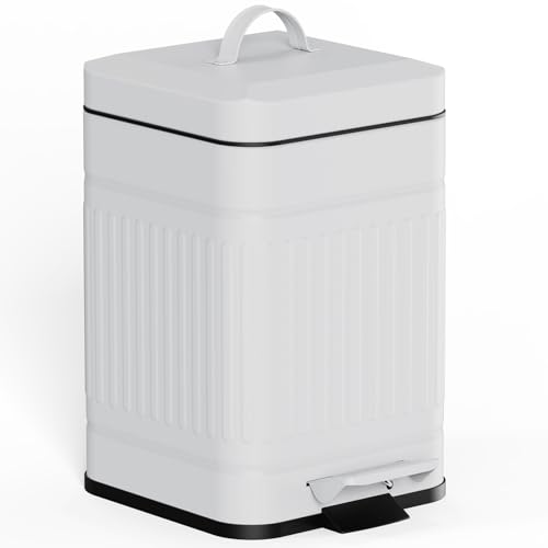 CEROELDA Small Trash Can with Lid-5L/1.3 Gal, Stainless Steel Outdoor Dog Poop Garbage Can-Farmhouse Retro Metal Waste Bin w/Step Pedal for Bathroom Bedroom Office-Soft Close-White - color: White