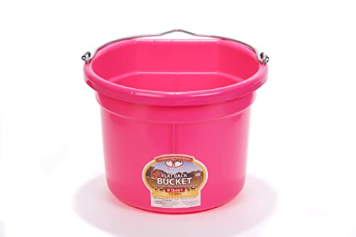 Little Giant® Flat Back Plastic Animal Feed Bucket | Horse Stall Bucket with Metal Handle | Horse Stable Feeding and Watering Supplies | 8 Quarts | Hot Pink