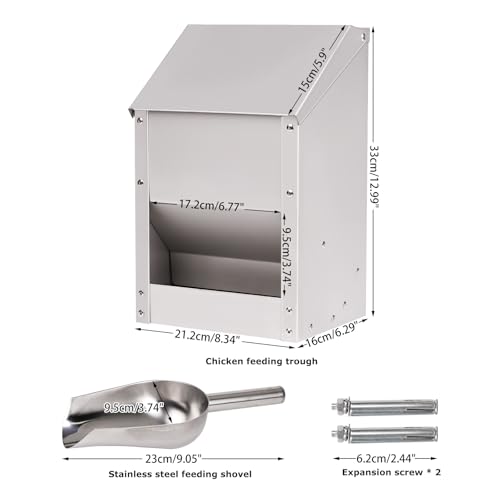 Automatic Chicken Feeder 10lb Hanging Feeder Trough with Scoop | Galvanized Metal Gravity Chicken Feeder, Duck Feeder, Chicken Feeder Trough with Lid for Chickens Ducks Goose Poultry