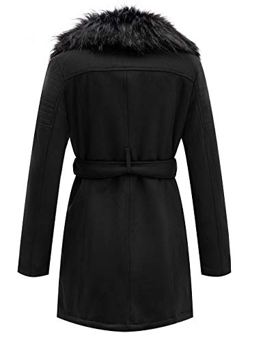Bellivera Women's Faux Suede Leather Fleece Lined Trench Coat | Mid-length Winter Trendy Jacket Belted Sim Fit Outerwear with Detachable Faux Fur Collar - color: Black Tops, size: X-Large