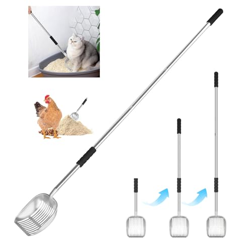 Cat Litter Scoop & Chicken Poop Scooper - Heavy Duty Stainless Steel Long Handle with Sifting Holes for Litter Box/Coop/Sand - Includes Poop Rake, (16.5-62.5")