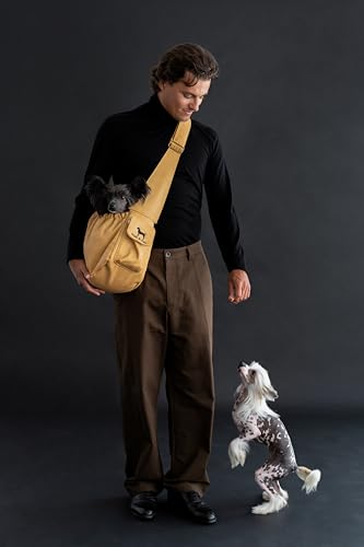 Noah & Paw Dog Sling Carrier for Small Dogs 5-18lb, Dog Sling for Small Dogs and Cats, Dog Carrier with Adjustable Padded Strap, Vegan Leather Lined with Fur, Double Safety Feature, Machine Washable - color: Beige