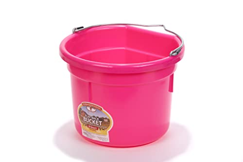 Little Giant® Flat Back Plastic Animal Feed Bucket | Horse Stall Bucket with Metal Handle | Horse Stable Feeding and Watering Supplies | 8 Quarts | Hot Pink