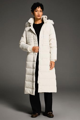Orolay Women Warm Down Jacket with Hood Fur Long Puffer Coat Brown - color: White + White Fur Trim, size: Medium