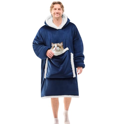 JOYWOO Navy Oversized Wearable Blanket Hoodie,Cat lovers Long Hoodie Blanket for Adult,Birthday Gifts for Women Men Mom,Cozy Fuzzy Sherpa Fleece Sweatshirt Hooded Blanket Giant Pocket Gifts,Oversize - color: Navy Blue, size: Oversize