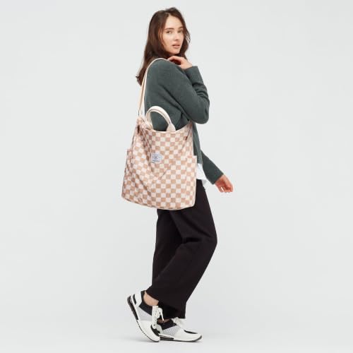 KALIDI Corduroy Tote Bag, Large Slouchy Hobo Messenger Crossbody Bag | Anti Splash Zipper Side Pockets Shoulder Bag Adjustable Strap Lightweight Casual Work Shopping Women - color: Khaki Checkered