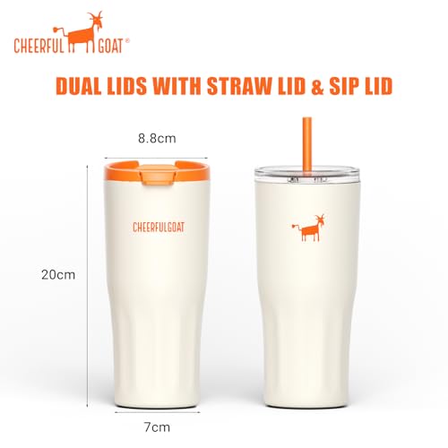 CHEERFUL GOAT Ceramic Travel Tumbler Ceramic Coffee Mug with 2 Lids | 21 OZ Stainless Steel Coffee Tumbler with Ceramic Liner,Cup for Hot and Cold at Home, Office, or On the Go （White） - color: White