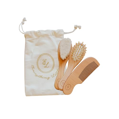 Wooden Baby Brush Set - 3 Pack | Massage Brush, Soft Goat Hair Cradle Cap Brush & Sturdy Wooden Comb for Tangle-Free Baby Hair Grooming | Pull-Free, Gentle on Baby’s Scalp