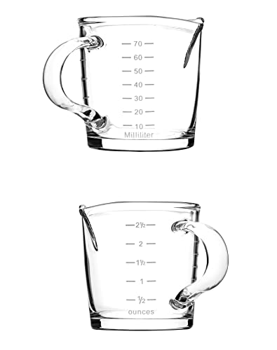 QWORK Espresso Shot Glass with Handle, 4 Pack 3-Ounce Double Spout Glass Measuring Cup Triple Pitcher Milk Cup with Two Scales (OZ&ML)