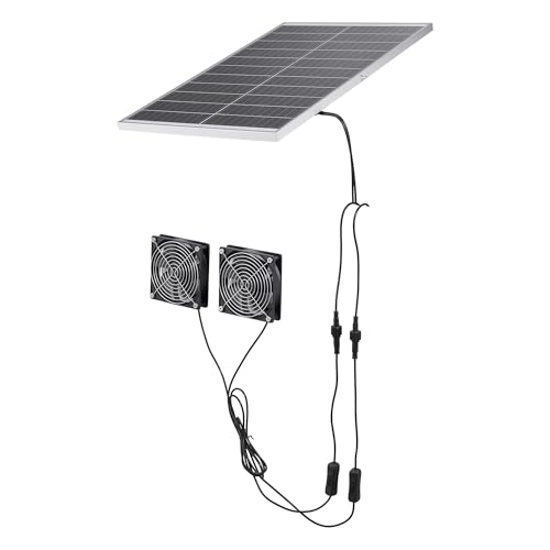 VEVOR Solar Powered Fan, 30W Solar Panel with 2 Fans, Adjustable Solar Panel Angle, 2668 RPM High-Speed, Flexible Installation, Fast Air Exchange for Greenhouse, Grow Tents, Chicken Coops, Shelters - size: 4.7" Fan×2 -30W