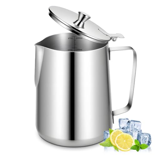 67 oz 304 Stainless Steel Pitcher with Lid | 2000 ml Large Metal Measuring Cup with Handle Dual Scale Markings Milk Frothing Jug for Iced Tea Hot Water Espresso Machines