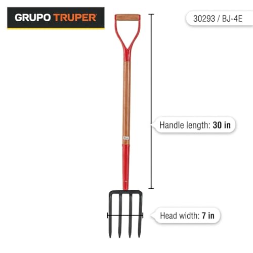 Truper Spading Fork, 4-Tine Steel Head, 30-Inch, Wood D-Handle, Heavy-Duty Garden & Landscaping Digging Fork (Model 30293)