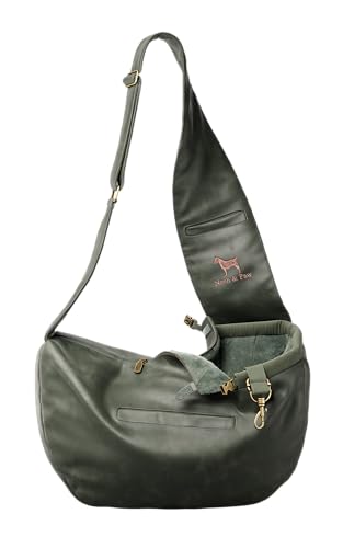 Noah & Paw Dog Sling Carrier for Small Dogs 3-10lb, Dog Sling for Small Dogs and Cats, Dog Carrier with Adjustable Padded Strap, Vegan Denim Lined with Fur, 3X Safety Features, Machine Washable - color: Dark Green, size: 15.0"L x 6.0"W x 5.5"H