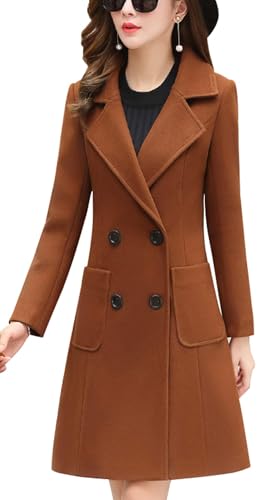 chouyatou Women Elegant Notched Collar Double Breasted Wool Blend Over Coat - color: Brown, size: X-Large