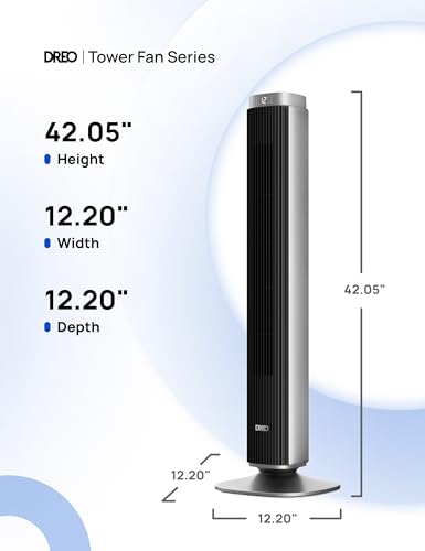DREO Smart 42'' Tower Fan for Bedroom, 12 Speeds, 20dB Quiet Standing Fan | 40ft Far Airflow, 28 ft/s Cooling Airflow, 12 Speeds, 4 Modes, 90° Oscillating Fans for Indoors, 12H Timer, DC Motor