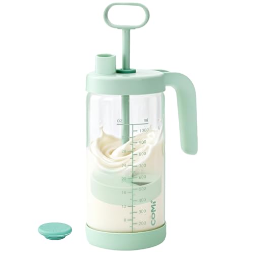 COMI Glass Formula Mixing Pitcher with Easy-Blend Handle Lid, 32oz Leakproof Breast Milk Pitcher with Silicone Protective Sleeve, Designed for the Pitcher Method Breastmilk, BPA Free, Green