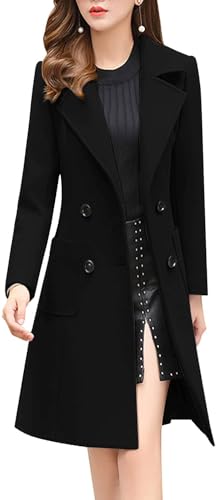 chouyatou Women Elegant Notched Collar Double Breasted Wool Blend Over Coat - color: Black, size: XX-Large