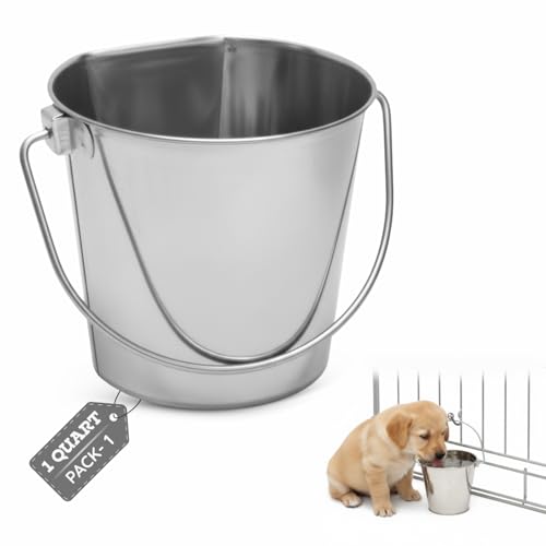 Stainless Steel Flat Side Bucket 1 Quart (0.25 Gallon)- Heavy Duty Hanging Food & Water Pail for Dogs, Cats, Birds, Kennel, Cages & Crates, Durable Rustproof Multi-Purpose Feeding Buckets - size: 1 Quarts