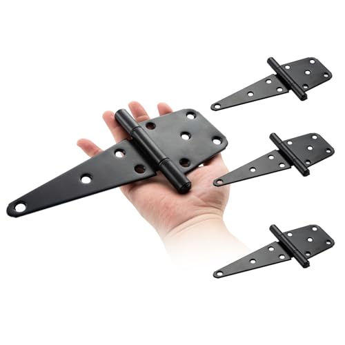 HOME MASTER HARDWARE 6" Heavy Duty Gate Hinges, 4 Pack T-Strap Hinge, Black | Steel Wought Hinges for Wooden Fences, Shed Door, Rotate 270 Degrees, 70LBS Capacity, Included Screws, Black Finish