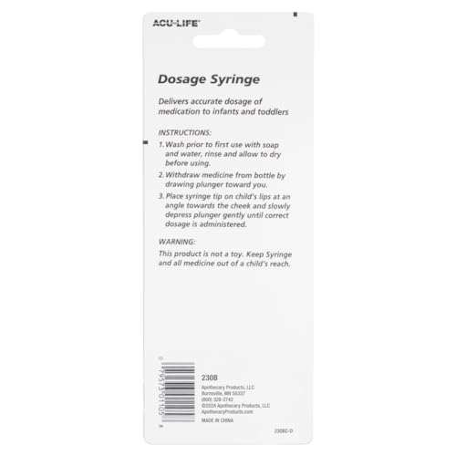 Acu-Life Kids & Baby Oral Dosage Syringe & Dispenser, Transparent, Easy to Use and Reusable, 2 TSP (10 ml) Capacity (Pack of 2) - size: Pack of 2