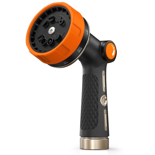 RAINPOINT Garden Hose Nozzle - 100% Heavy Duty Metal Thumb Control Spray Nozzles for Garden Hose High Pressure, 10 Pattern Water Hose Nozzle for Car Wash, Watering Lawn, Pets, Bright Orange - color: Bright Orange