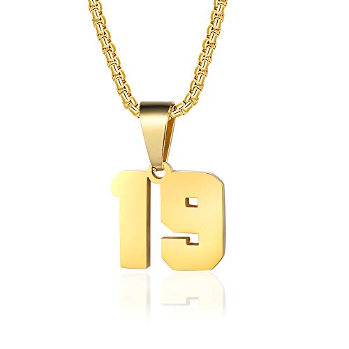Number Necklaces Personalized Necklaces 18K Gold Plated Initial Number Pendant Stainless Steel Chain Sports Necklaces for Men Women - color: Gold, style: 19