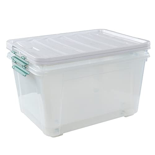 Gloreen Large Organizing Bin with Wheel 4 Packs, 85 QT Lidded Storage Box | Plastic Latching Container For Home Garage RVs - size: 85 Quart, 4 Packs